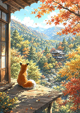 Fox gazing at autumn mountain landscape