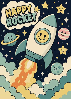 Happy Rocket Space Cartoon Poster