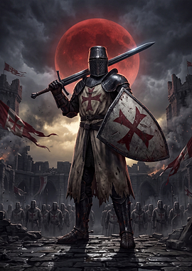 Crusader Knight Under Blood Moon