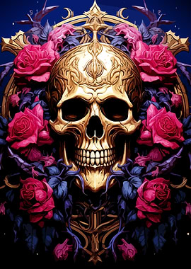 Golden Skull Surrounded by Red Roses