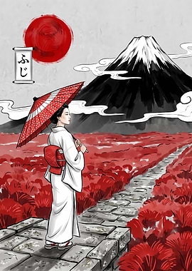Geisha with Umbrella and Mount Fuji