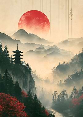 Misty Japanese Pagoda Landscape