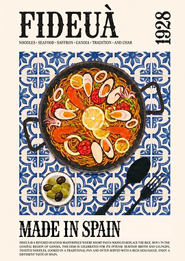 Fideuà Vintage Spanish Food Poster | Seafood Noodles Kitchen Wall Art