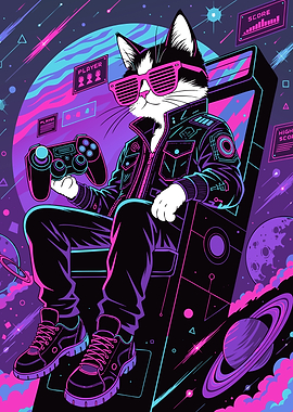 Retro Synthwave Gamer Cat
