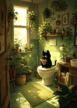 Black Cat Reading in Green Bathroom