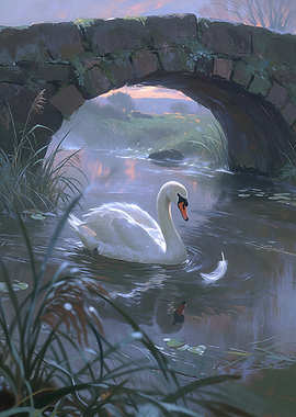 Graceful Swan Under Stone Bridge