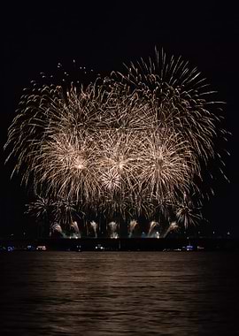 Golden Fireworks Over Dark Water