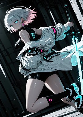 Cyberpunk Anime Girl with Glowing Sword