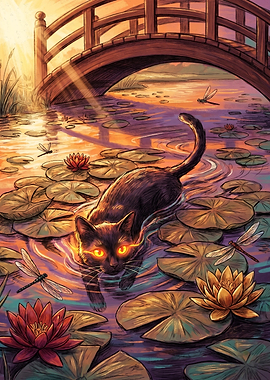 Black Cat Swimming in Lily Pond
