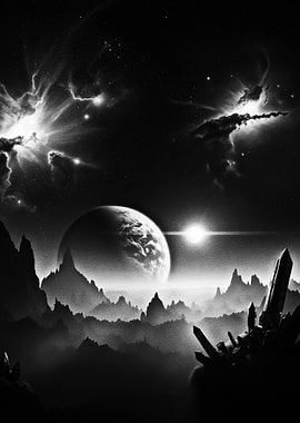 Monochrome Alien Landscape with Crystal Spires