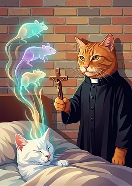 Cat Priest Exorcising Ghost Mice