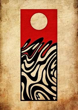 Abstract Red Sun and Waves Print