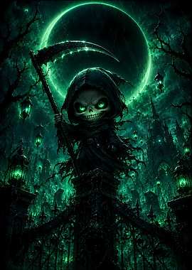 Chibi Grim Reaper in Green Moonlight