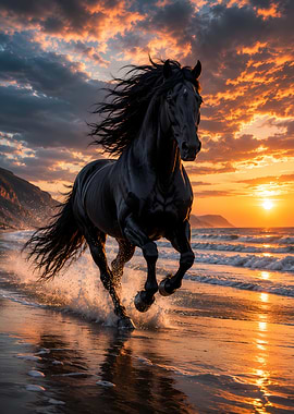 Black Horse Running on Beach Sunset