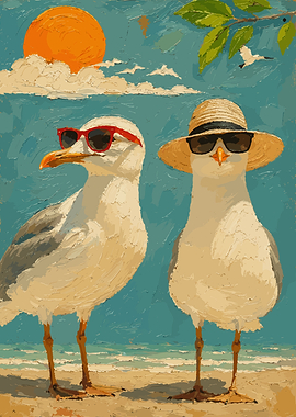 Two Seagulls Wearing Sunglasses at Beach