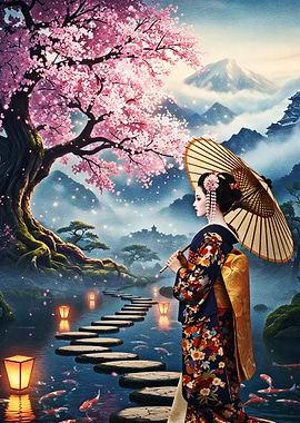 Japanese Kimono Woman Under Cherry Blossoms