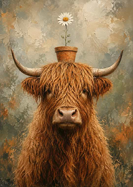 Highland Cow with Daisy Pot