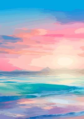 Pastel Sunset Over Ocean Waves