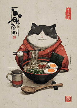 Cat Eating Ramen Japanese Illustration