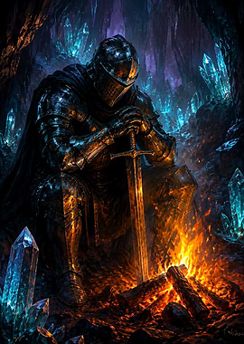 Knight Resting by Crystal Cave Fire