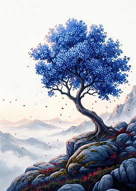 Blue Sakura Tree on Mountain Cliff