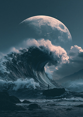 Surfer Facing Giant Moonlit Wave