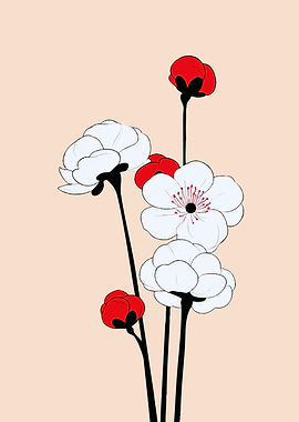 Minimalist Floral Illustration with Red Accents