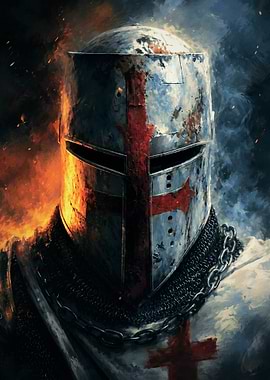 Crusader Knight Helmet Portrait – Fire and Ice Fantasy Warrior Wall Art