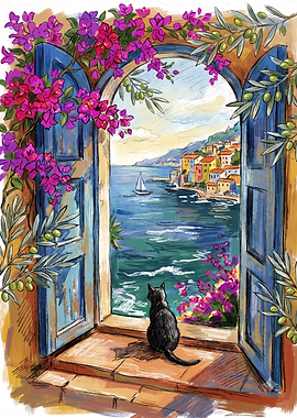 Black Cat Watching Mediterranean Sea View