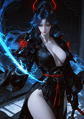 Demon Warrior with Blue Flame Sword
