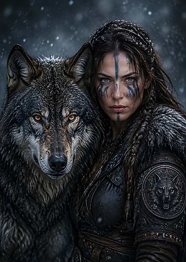 Viking Shieldmaiden and Her Wolf Companion