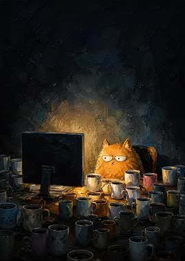 Tired Orange Cat Working Late