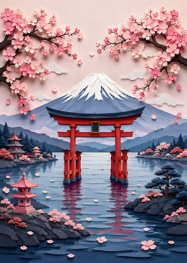 Japanese Torii Gate Lake Fuji Papercraft