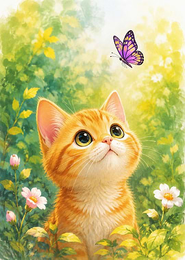 Cute Ginger Kitten Watching a Butterfly