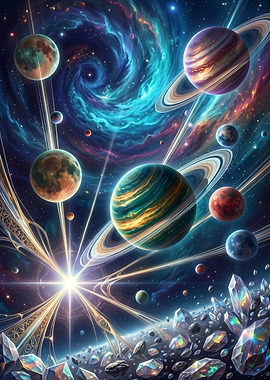 Vibrant Cosmic Galaxy with Crystal Asteroids