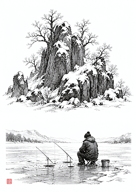 Winter Ice Fishing and Snowy Rocks