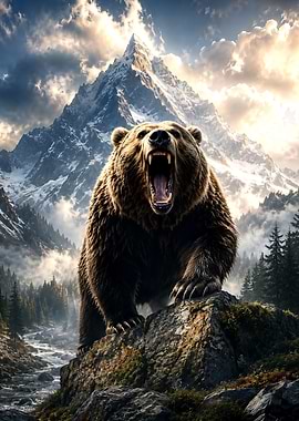 Roaring Grizzly Bear in Mountains