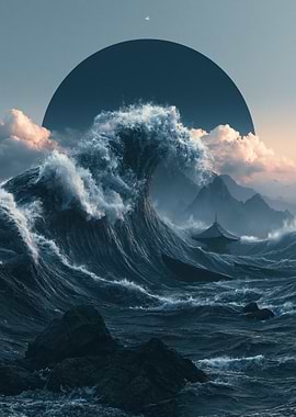 Surreal Tsunami Over Japanese Temple