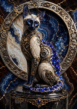 Steampunk Siamese Cat Sapphire Chalcedony Geode