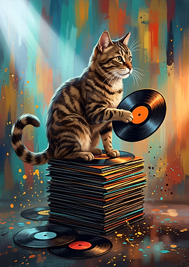 Tabby Cat DJ with retro Vinyl Records