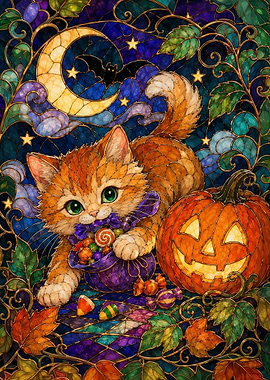 Stained Glass Halloween Cat with Candy