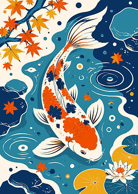 Koi Fish in Autumn Pond