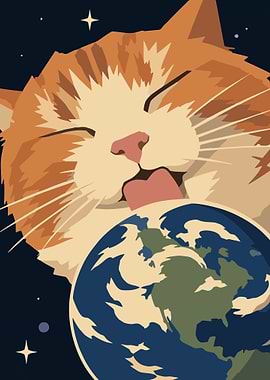 Giant Cat Licking Planet Earth