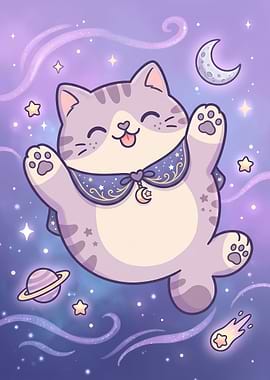 Cute Cosmic Cat Floating in Space