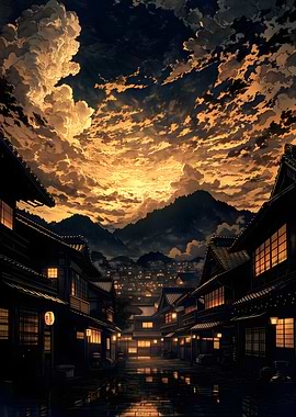 Traditional Japanese Village at Sunset