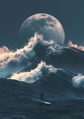 Surfer Riding Giant Moonlit Wave