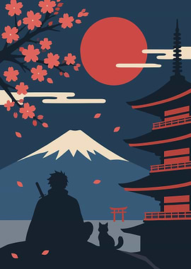 Samurai and Cat at Mount Fuji