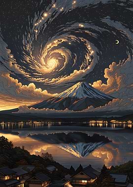 Mount Fuji Under Swirling Galaxy