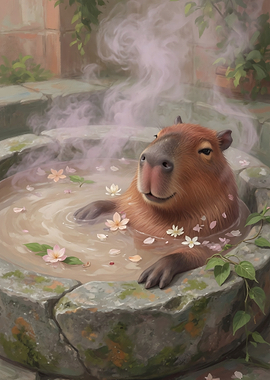 Capybara Relaxing in Flower Stone Bath