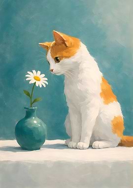 Cat Looking at Daisy in Vase